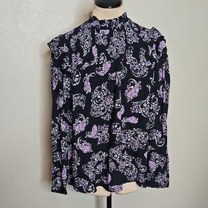 NWT LOFT XLP Purple paisley Print Black Ruffled Shoulder Blouse, Smocking Neck
